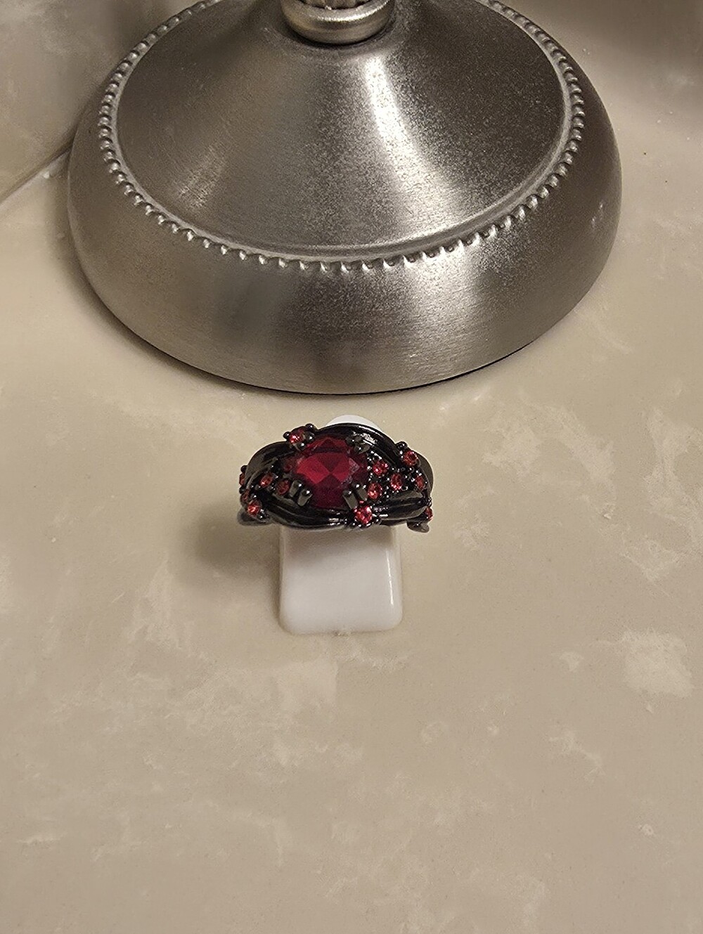 Gunmetal and Ruby Red Gothic Style Ring Size 9